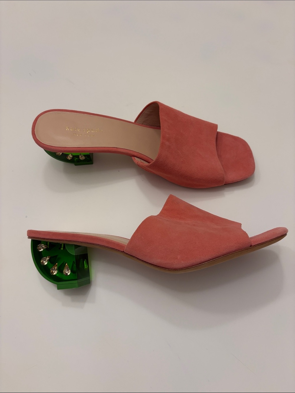 kate spade Coral Suede Slide Mules with Green Jeweled Block Heels